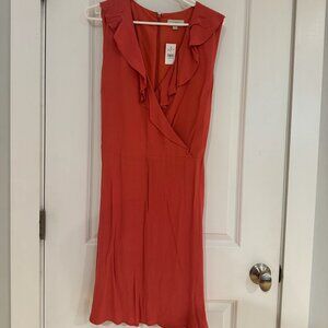 Ann Taylor Loft Coral Dress with Ruffle Neckline and Tie Back Size 14